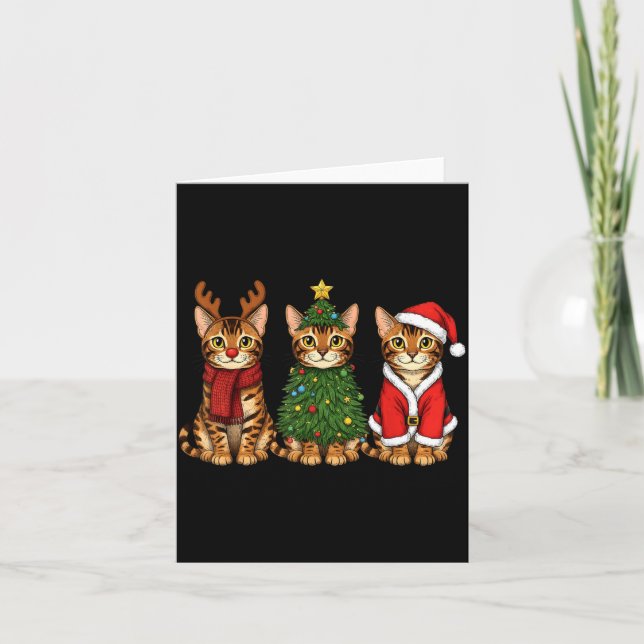Retro Christmas Bengal Cat Santa Reindeer  Card (Front)
