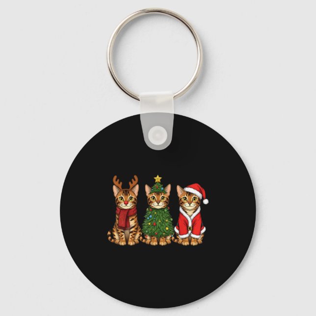 Retro Christmas Bengal Cat Santa Reindeer  Key Ring (Front)