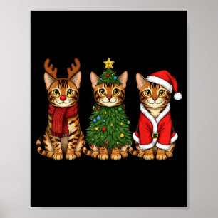 Retro Christmas Bengal Cat Santa Reindeer Poster