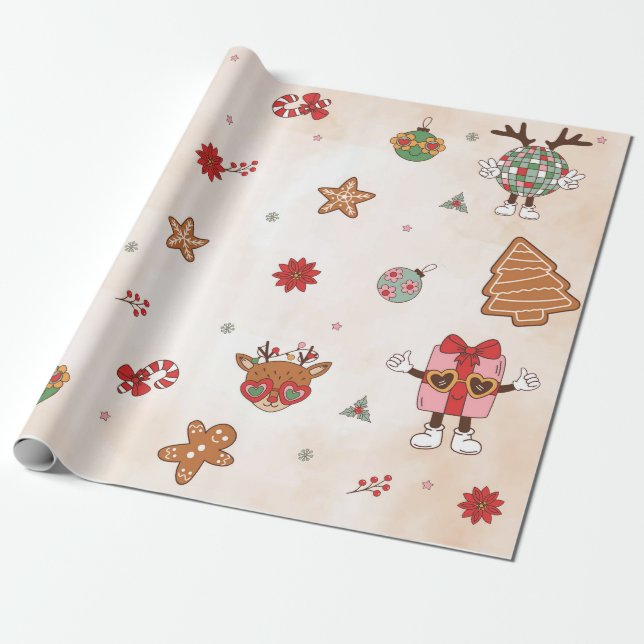 Retro Christmas Birthday Party Wrapping Paper (Unrolled)