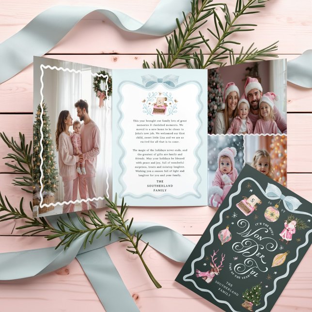 Retro Christmas Blue Ribbon Family Photo Gallery Tri-Fold Holiday Card (Retro Christmas Blue Ribbon Family Photo Gallery Tri-Fold Holiday Card)