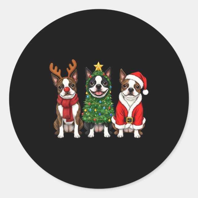 Retro Christmas Boston Terrier Santa Reindeer Dog  Classic Round Sticker (Front)