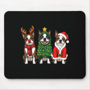 Retro Christmas Boston Terrier Santa Reindeer Dog Mouse Pad