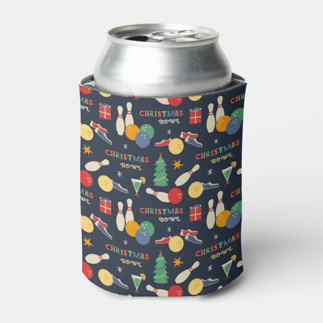 Retro Christmas Bowling Pattern Can Cooler (Can Front)