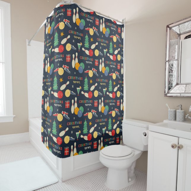 Retro Christmas Bowling Pattern Shower Curtain (In Situ)