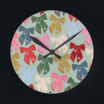 Retro Christmas Bows Coquette Round Clock<br><div class="desc">Colourful Christmas Bows - Coquette Ribbons – Mint Green Background.</div>