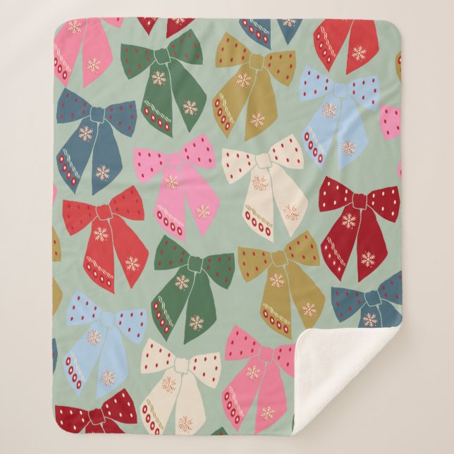 Retro Christmas Bows Coquette Sherpa Blanket (Front)