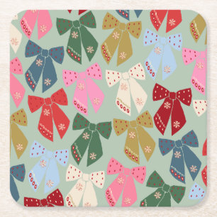 Retro Christmas Bows Coquette Square Paper Coaster