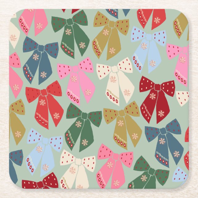 Retro Christmas Bows Coquette Square Paper Coaster (Front)