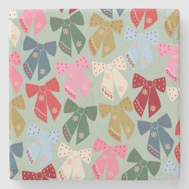 Retro Christmas Bows Coquette Stone Coaster (Front)