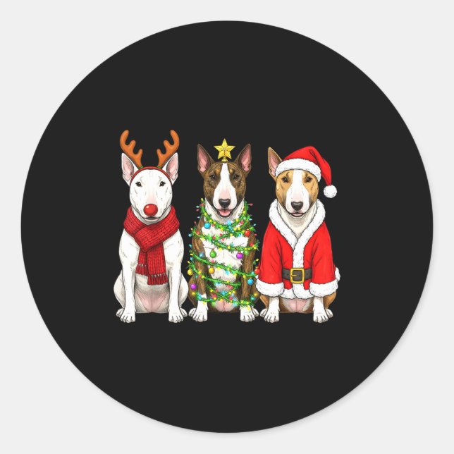 Retro Christmas Bull Terrier Santa Reindeer Dog Lo Classic Round Sticker (Front)