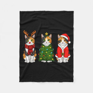Retro Christmas Calico Cat Santa Reindeer  Fleece Blanket