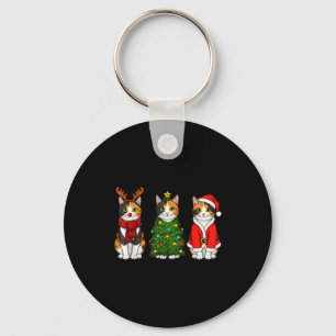 Retro Christmas Calico Cat Santa Reindeer  Key Ring