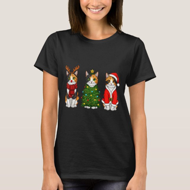 Retro Christmas Calico Cat Santa Reindeer  T-Shirt (Front)