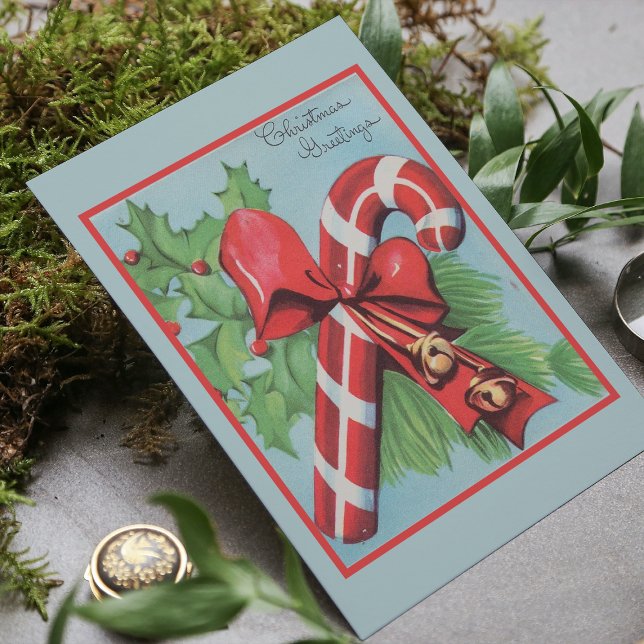 Retro Christmas Cane Bow Holly Berries Greetings Holiday Card (Creator Uploaded)