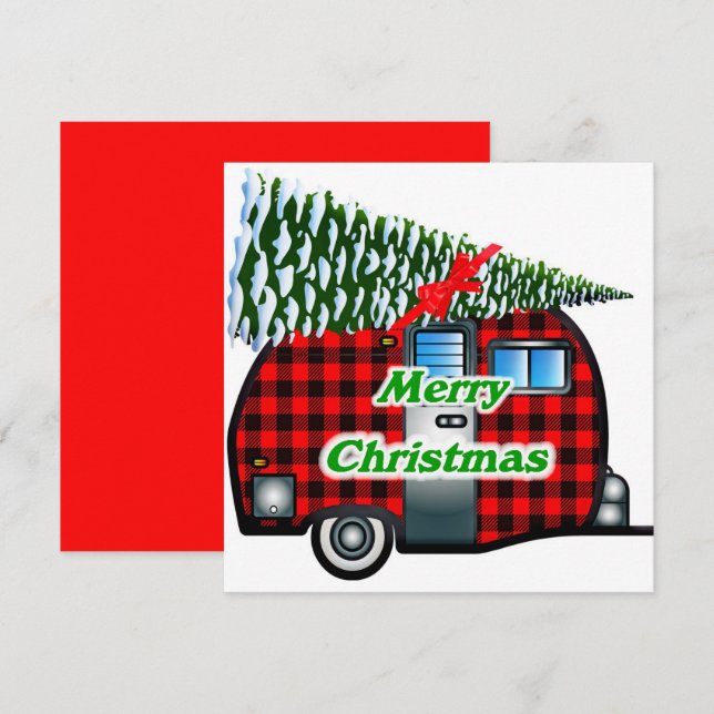 Retro Christmas Card Plaid Camper n Tree (Front/Back)