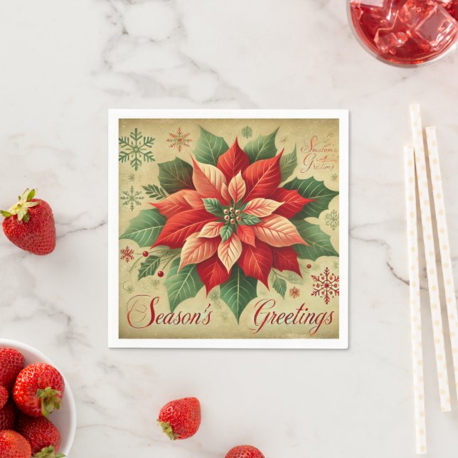 Retro Christmas Card Style Poinsettia Decoupage Napkin (Insitu)