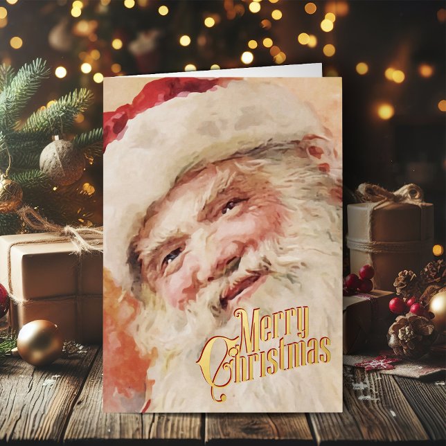 Retro Christmas Card Vintage Merry Christmas (Vintage Christmas cards gold foil Christmas card with retro Santa Claus)