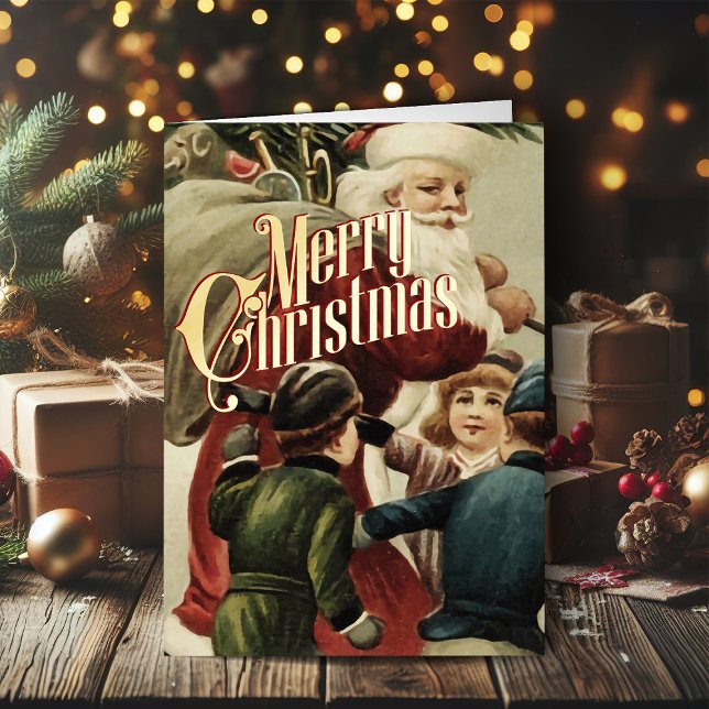 Retro Christmas Card Vintage Merry Christmas (Vintage Christmas cards gold foil Christmas card with retro Santa Claus)