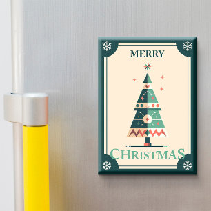 Retro Christmas Card With Geometric Tree Design Magnet