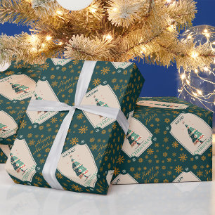 Retro Christmas Card With Geometric Tree Design Wrapping Paper