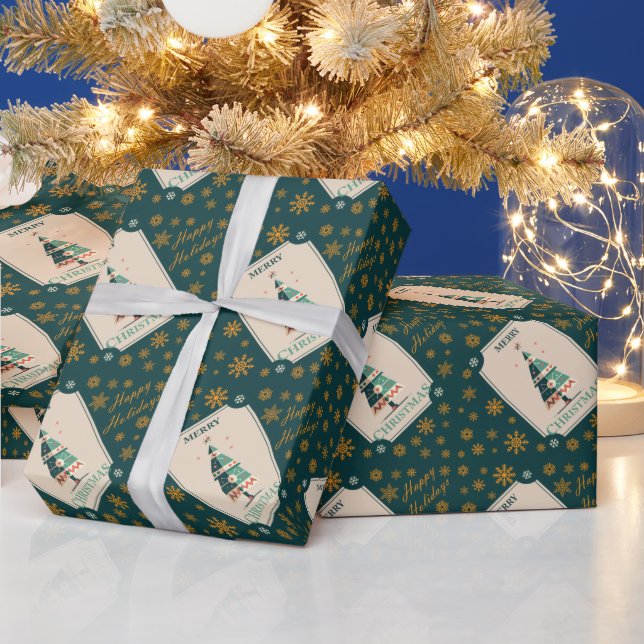 Retro Christmas Card With Geometric Tree Design Wrapping Paper (Holidays)