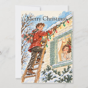 Retro Christmas Card with House Lights and Ladder