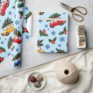 Retro Christmas Cars & Trees Watercolor Gift Wrap