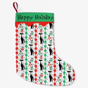 Retro Christmas Cat Multi Happy Holidays 2-sided Small Christmas Stocking