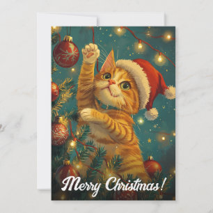 Retro Christmas Cat Tree Custom Text  Holiday Card