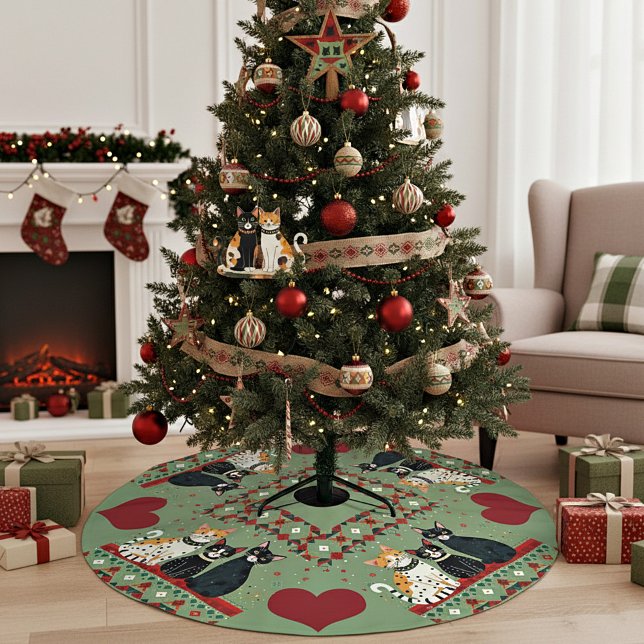 Retro Christmas cats Brushed Polyester Tree Skirt (Creator Uploaded)