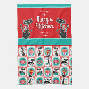 Retro Christmas Cats - Customizable  Tea Towel