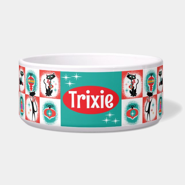 Retro Christmas Cats Food Bowl Customisable (Front)