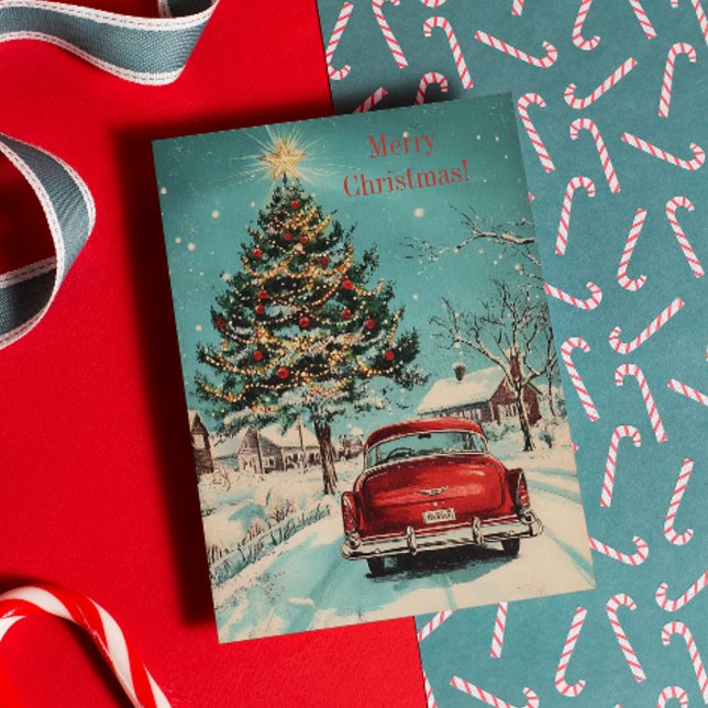Retro Christmas Classic Car and Festive Tree Scene Holiday Card (Creator Uploaded)