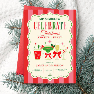 Retro Christmas Cocktail Party Red Pink Stripes Invitation