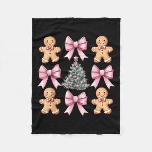 Retro Christmas Coquette Bow Pink Gingerbread Man Fleece Blanket