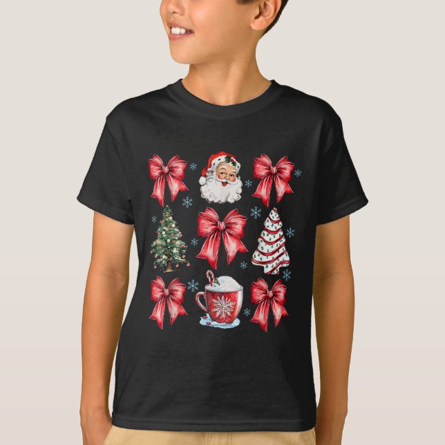 Retro Christmas Coquette Bow Santa Coffee Cake Hol T-Shirt (Front)
