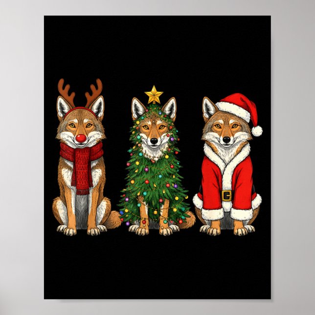 Retro Christmas Coyote Santa Reindeer  Poster (Front)
