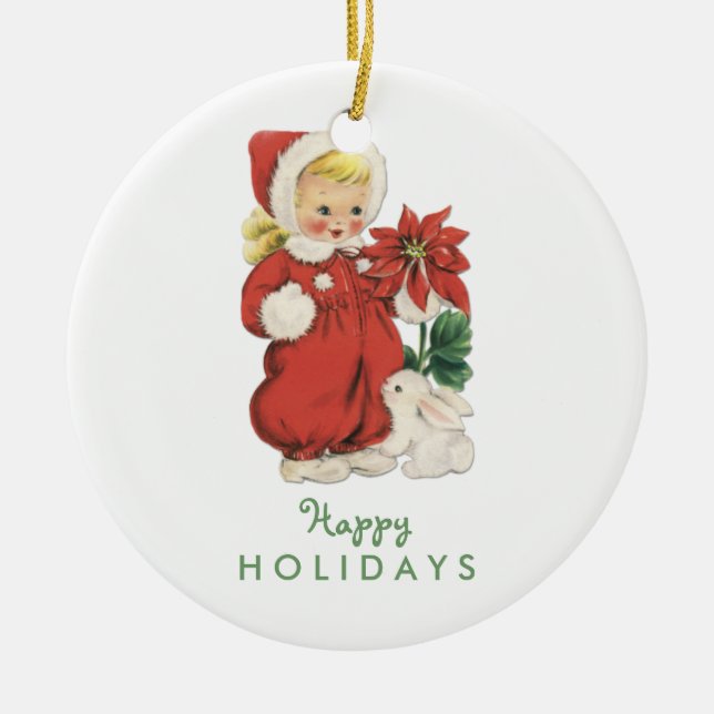 Retro Christmas Cute Girl Red Poinsettia Photo Ceramic Ornament (Front)