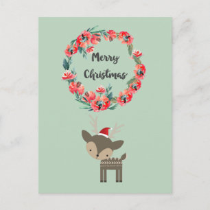 Retro Christmas Deer Red Floral Wreath Christmas Holiday Postcard