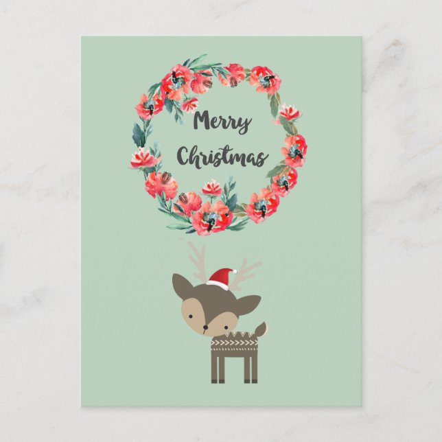 Retro Christmas Deer Red Floral Wreath Christmas Holiday Postcard (Front)