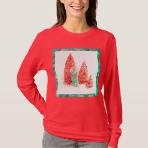 Retro Christmas Deer with Aqua Frame on Red T-Shirt