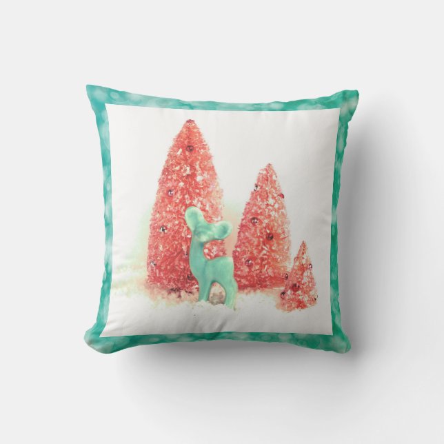 Retro Christmas Deer with Aqua Frame Outdoor Cushion (Front)