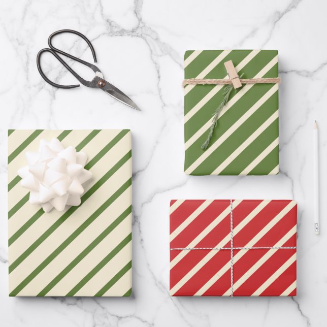 Retro Christmas Diagonal Stripes Olive Green & Red Wrapping Paper Sheet (Front)