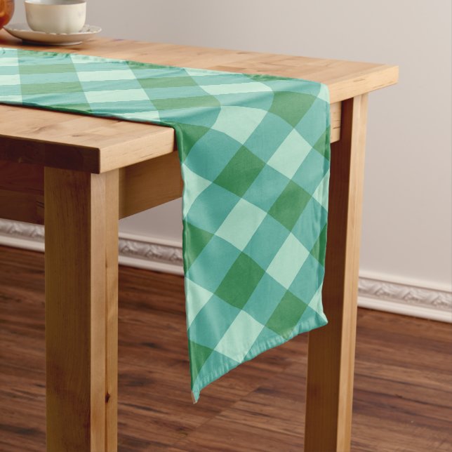 Retro Christmas Diamond Plaid - Green & Turquoise Long Table Runner (In Situ)