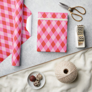 Retro Christmas Diamond Plaid - Red & Pink Wrapping Paper