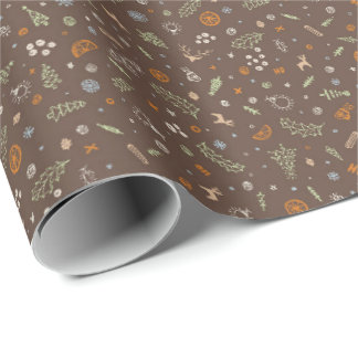 Retro Christmas Doodles Toss in Warm Mid Brown Wrapping Paper