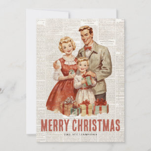 Retro Christmas Family on Old Newspaper Background Holiday Card