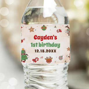 Retro Christmas First Birthday Party Water Bottle Label