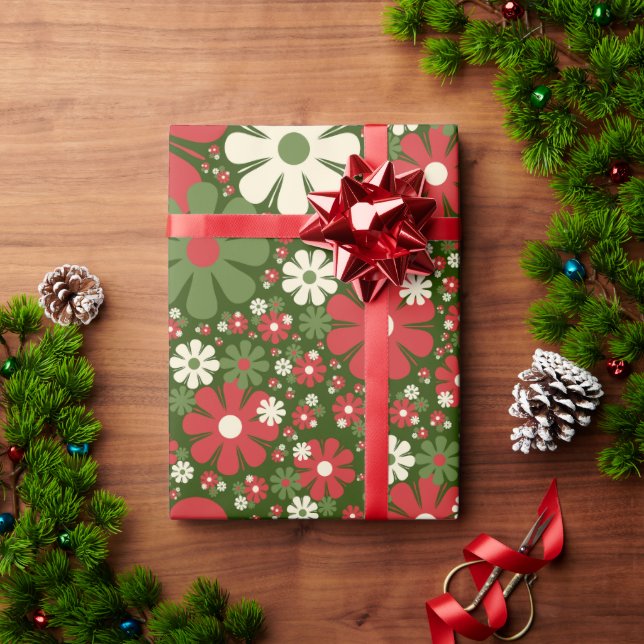 Retro Christmas Floral Fantasy Pattern Red Green Wrapping Paper (Holiday Gift)